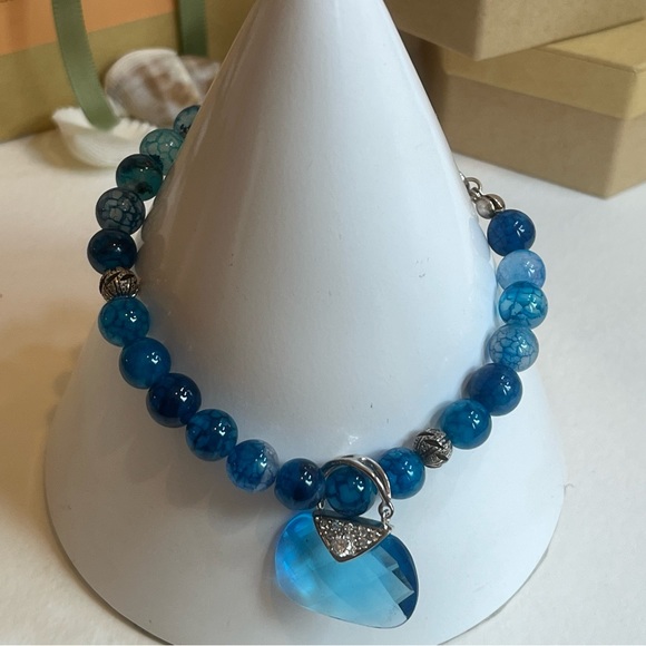 Blue Agate Gemstone Bracelet w/ Swarovski “Purse” Charm & Sterling Silver Clasp - Picture 10 of 12